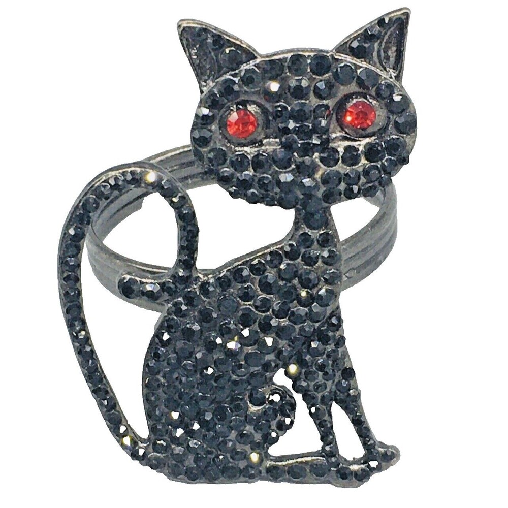 Tahari Halloween Napkin Rings Black Cat Red Eye Rhinestone Set of 4 Spooky